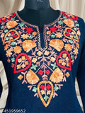Black woolen knitted kurta with Kashmiri embroidery, three-quarter sleeves, chikankari design. Exudes elegance and warmth. Size M (Bust 38in, Length 42in), L (Bust 40in, Length 42in), XL (Bust 42in, Length 42in), XXL (Bust 44in, Length 42in). Traditional Indian handcraft