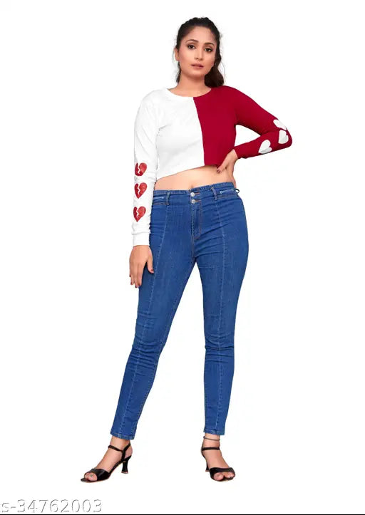 Printed cotton crop top with long sleeves, heart design by PALS, suitable for sizes S (32), M (34), L (36)