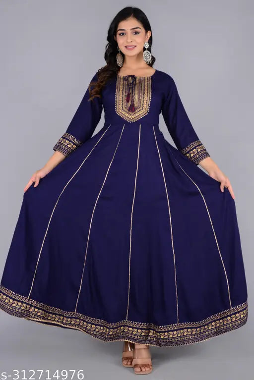 Blue gold printed rayon anarkali kurta with dori tassel & gotta lace, three-quarter sleeves. Indian ethnic fashion statement