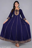Blue gold printed rayon anarkali kurta with dori tassel & gotta lace, three-quarter sleeves. Indian ethnic fashion statement
