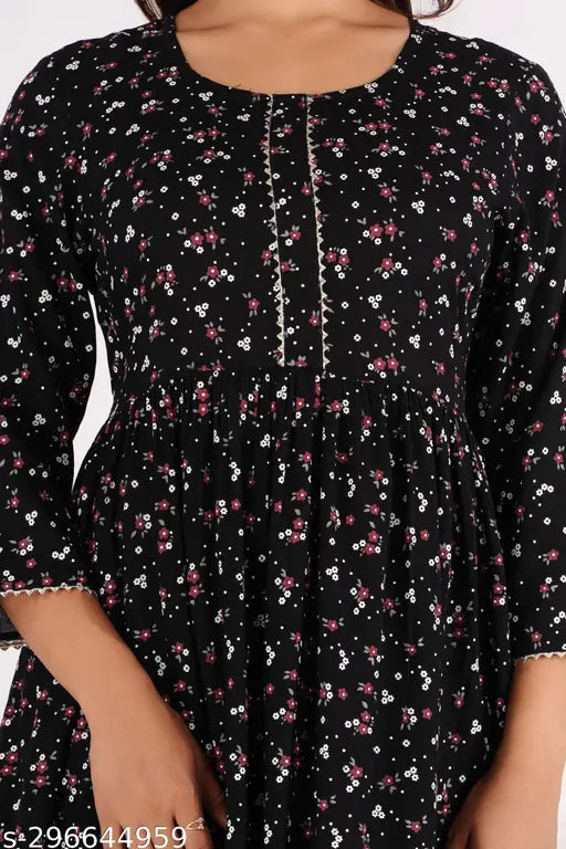 Rayon three-quarter sleeves gathered kurti in black floral print, heavy quality fabric. Indian anarkali kurta set for women's festivals and weddings