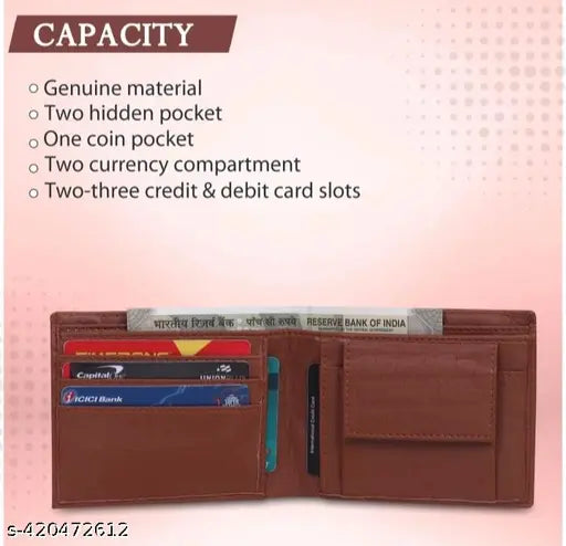 Men's faux leather wallet, solid-colored, 2 compartment design, free size, Indian origin