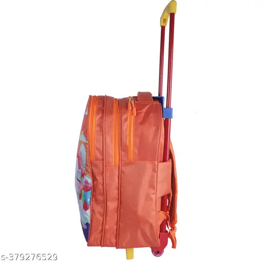 Orange 18 inch waterproof polyester school trolley bag, durable for kids aged 2-8. Spacious and practical for school work