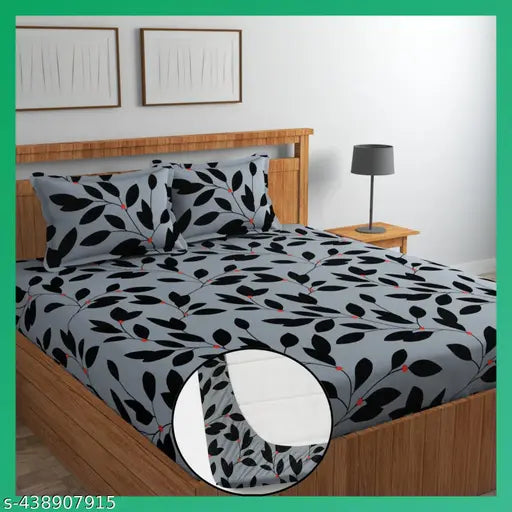 Soft cotton, botanical-print double-sized elastic bedsheet with 2 pillow covers (90x90 inch), ideal for summer - Aone Branded Prime collections