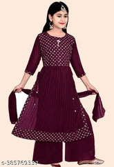 Girls floral printed Georgette kurti, Sharara & dupatta set. Comfortable Indian Ethnic wear for party/wedding, ideal for kids aged 4-12 years