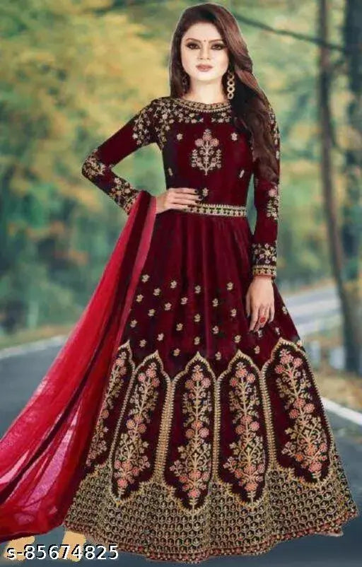 Maroon taffeta silk embroidered net gown, graceful long-sleeved design for women, Indian origin