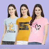 Multicolor printed cotton women's t-shirt pack of 3 - Short sleeves, vibrant Indian design, XS to XXL sizes