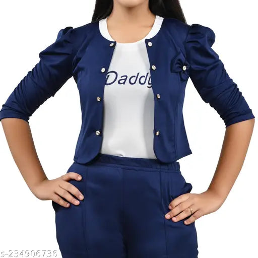 Navy blue cotton blend girls' palazzo set with printed t-shirt and jacket, 3-quarter sleeves - 89 years to 12-13 years
