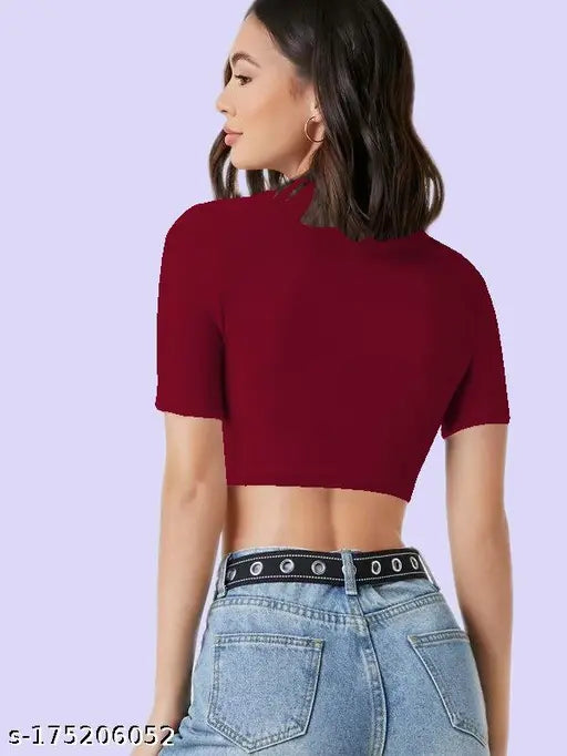 Maroon short-sleeve women's t-shirt by Maheshvi, high neck, casual crop top made of polyester blend, India origin