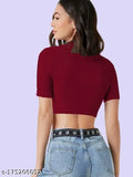 Maroon short-sleeve women's t-shirt by Maheshvi, high neck, casual crop top made of polyester blend, India origin