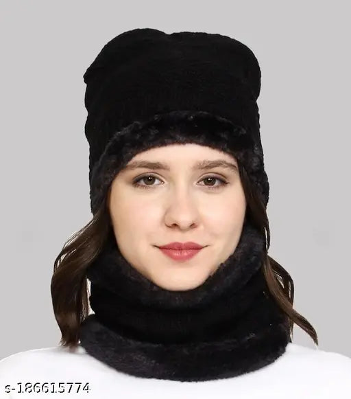 Women's winter wool beanie & scarf set (fur inside), snow-proof self-design, warm & stylish