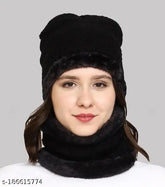 Women's winter wool beanie & scarf set (fur inside), snow-proof self-design, warm & stylish