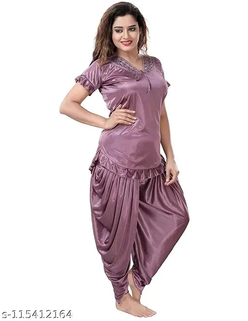 White satin Ankona women's dhoti set, free size - traditional Indian nightwear, soft and comfortable satin fabric