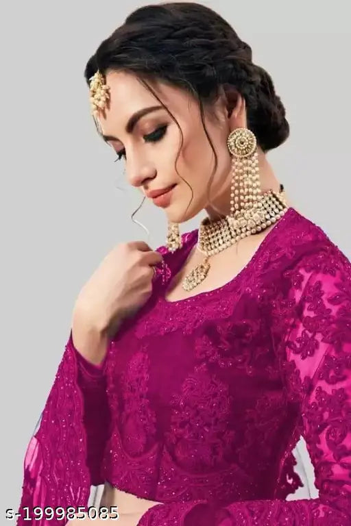 Embroidered art silk lehenga set with net dupatta, semi-stitched (42in waist, 42in length), featuring Indian craftsmanship