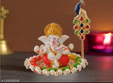 Silver plated white terracotta Ganesh idol with golden plate and free Tilak stick, decorative car dashboard showpiece, polyresin God idol (10cm x 10cm x 10cm) from India