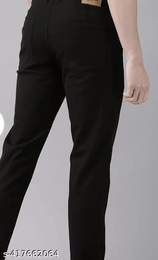 Trendy black cotton mens slim fit mid-rise jeans, dyed/washed for modern style with comfortable fit. Jeans size 28,30,32 (W:28in L:40in H:35in, W:30in L:40in H:37in, W:32in L:40in H:39in)