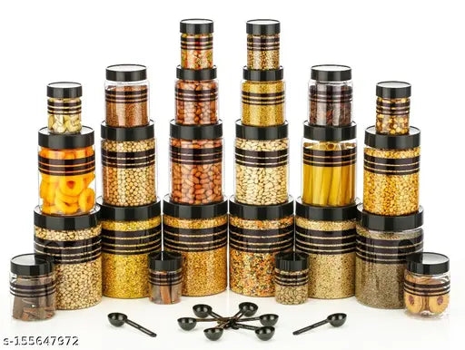 Black airtight plastic food storage container set of 24 with spoons (1200ml, 650ml, 350ml, 250ml), stackable and sleek design for modern or traditional kitchens, made in India