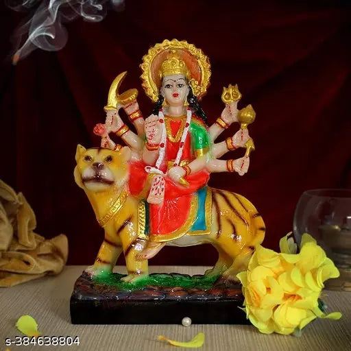 Multicolor Goddess Sherawali Nav Durga Resin Statue for home decor, car dashboard, puja room, or gifting. Size: 8cm L x 3cm B x 13.5cm H