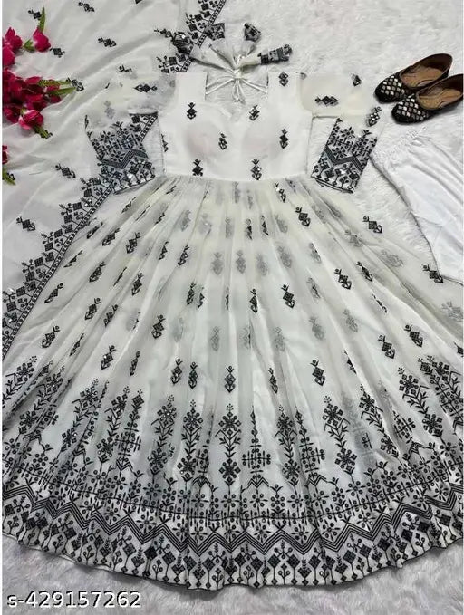 Georgette fabric, floral embroidery V-neck Kurta with full sleeves, Indian ethnic wear for party & casual events, S-XXXL sizes available