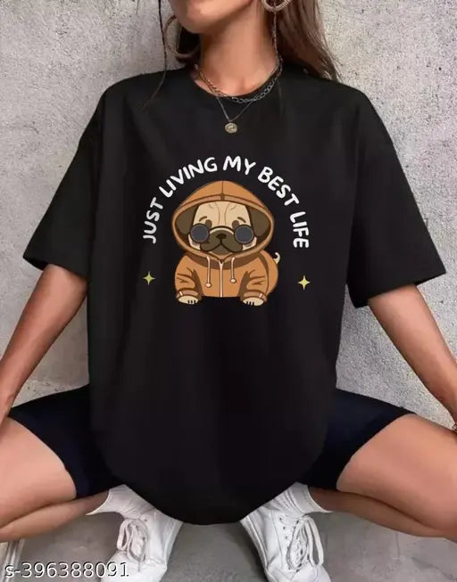 Black cotton oversized print t-shirt, loose fit - perfect for women's fashion and biker shorts