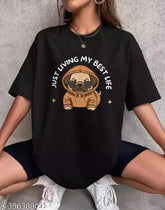 Black cotton oversized print t-shirt, loose fit - perfect for women's fashion and biker shorts