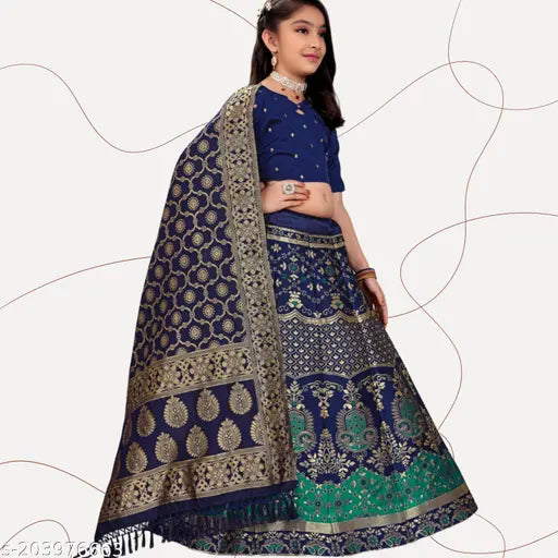 Bamboo-Jacquard Aztec kids' lehenga set, long-sleeved top with Kora Muslin dupatta, self-designed ethnic wear on display