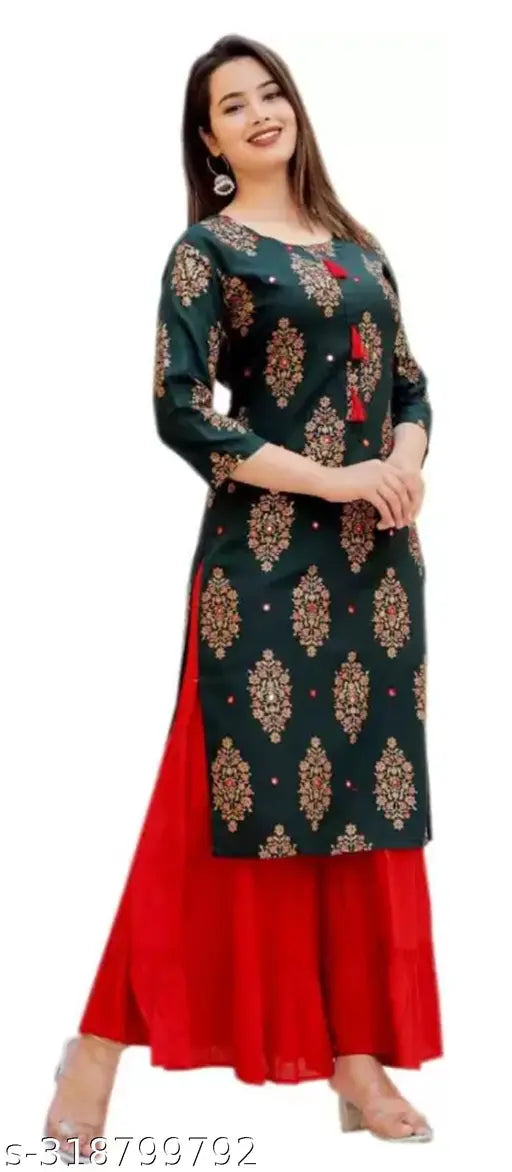 Printed rayon straight kurti with sharara, three-quarter sleeves, women's fashion accessory from India