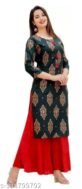 Printed rayon kurti with sharara set, three-quarter sleeves, women's fashion from India
