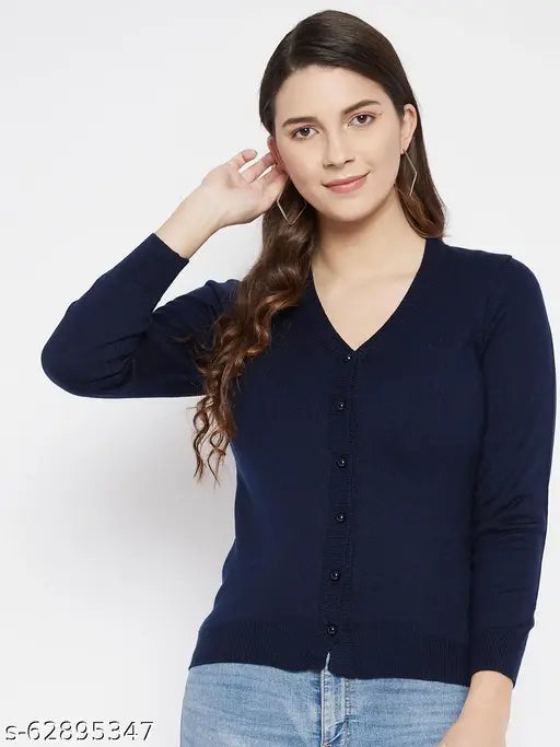 Woolen navy blue v-neck cardigan for women, solid pattern, trendy feminine style, straight hem, full sleeves