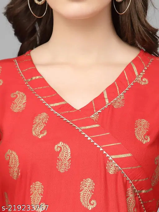 Embroidered flared Rayon kurta, vibrant Indian prints, three-quarter sleeves, M, L, XL