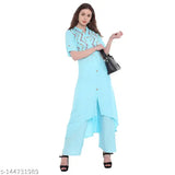 Trendy rayon kurta-palazzo set for women, embroidered net design, short sleeves, M to XXL sizes available