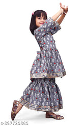 Grey festive collection cotton pants kurta set for girl, printed anarkali top with three-quarter sleeves and sharara bottom, size 12-18 months (length: 19in/48cm top, 19in/48cm bottom)