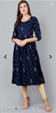 Navy Blue Rayon Three-Quarter Sleeve Kurtis, printed combo on women, India