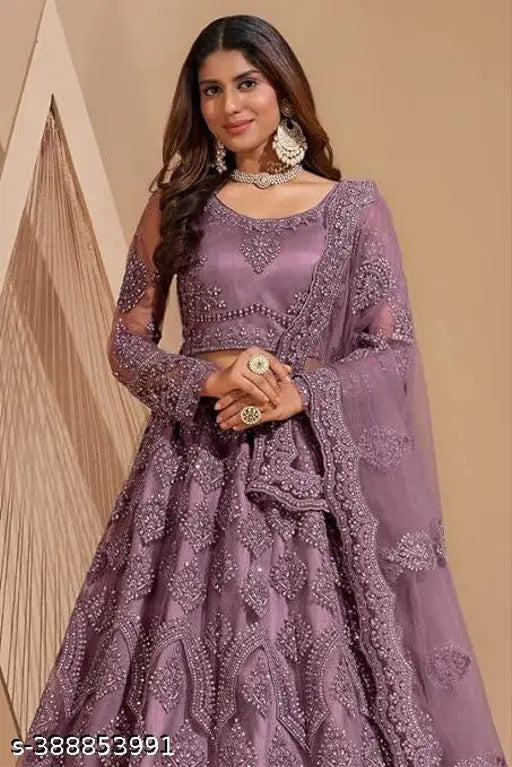 Designer embroidered ethnic chain work Lehenga-choli & dupatta, net fabric, traditional Indian fashion for girls & women