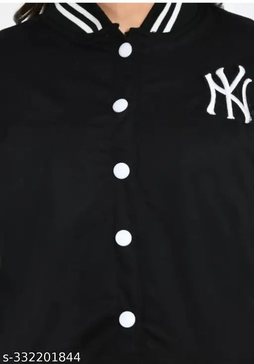 Black printed net bomber jacket with long sleeves, trendy NY design for women and girls, made from woolen fleece. Multiple sizes available, origin: India