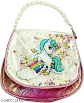 Faux leather unicorn glitter sling bag, free size. Adjustable straps, detachable pearl handle. Attractive design, suitable for kids' outdoor activities