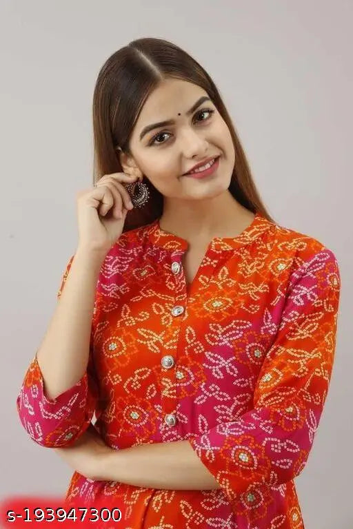 Multicolor printed rayon anarkali ankle kurta with three-quarter sleeves, contemporary Indian fashion