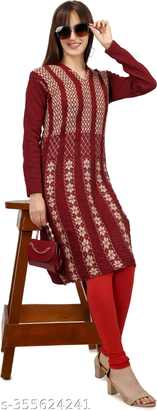 Attractive women's printed woolen A-line kurta, long sleeves, intricate embroidered pattern. L size (bust 40 in), luxury wool fabric, versatile wardrobe staple, Indian-made design details
