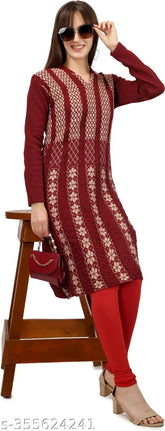 Attractive women's printed woolen A-line kurta, long sleeves, intricate embroidered pattern. L size (bust 40 in), luxury wool fabric, versatile wardrobe staple, Indian-made design details
