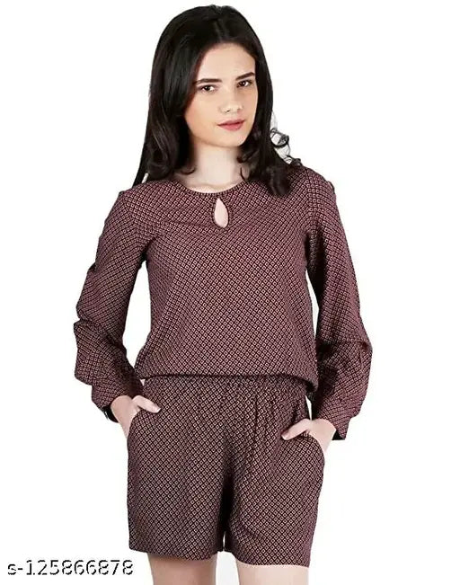 Magnetic Designs maroon short printed jumpsuit with long sleeves, rayon fabric for casual lifestyle, machine washable