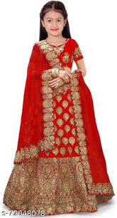 Doll Red taffeta silk lehenga cholis, embellished with short-sleeved tops and net dupatta. Modern stylish kids' Indian traditional wear