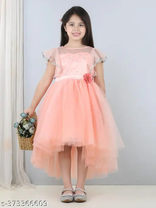 Peach net sleeveless dress, kids party wear with toy balloon print, Indian origin for 1-2 to 10-11 years