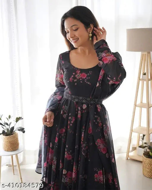 Georgette floral print Anarkali kurti, trendy three-quarter sleeves dress, elevate ethnic wardrobe