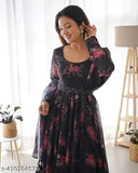 Georgette floral print Anarkali kurti, trendy three-quarter sleeves dress, elevate ethnic wardrobe