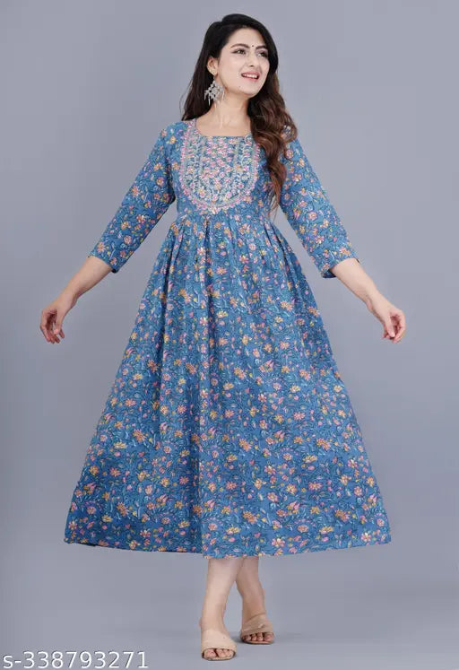 Rayon printed embroidered flared kurta, three-quarter sleeves, vibrant Indian ethnic wear for women