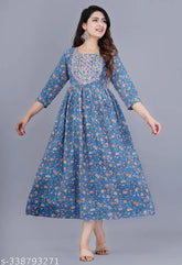 Rayon printed embroidered flared kurta, three-quarter sleeves, vibrant Indian ethnic wear for women