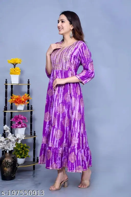 Rayon flared kurti with ethnic motif print, triple-quarter sleeves, perfect fit