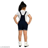 Cotton blend printed dungarees for kids: 1-2 years (size 21"), 2-3 years (size 22"), 3-4 years (size 23"), 4-5 years (size 24"), 5-6 years (size 25"); navy blue print pattern, half sleeve plain T-shirt included