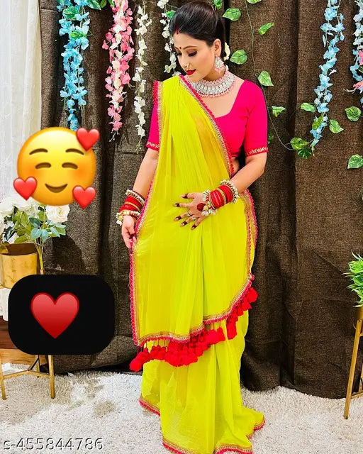 Trendy Indian Georgette saree with organza embroidery, low budget designer saree on mannequin