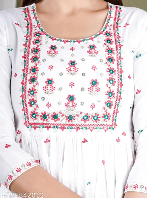 Rayon embroidered Naira cut Kurta, Indian women's three-quarter sleeve printed kurti for festivals